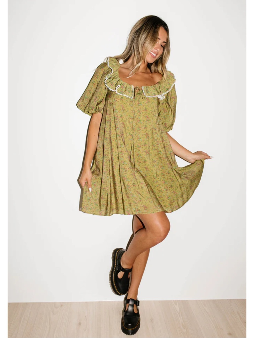 ZOCO MINI GOOD LUCK PUFF SLEEVE DRESS GREEN FLORAL EXCLUSIVE MEDIUM
